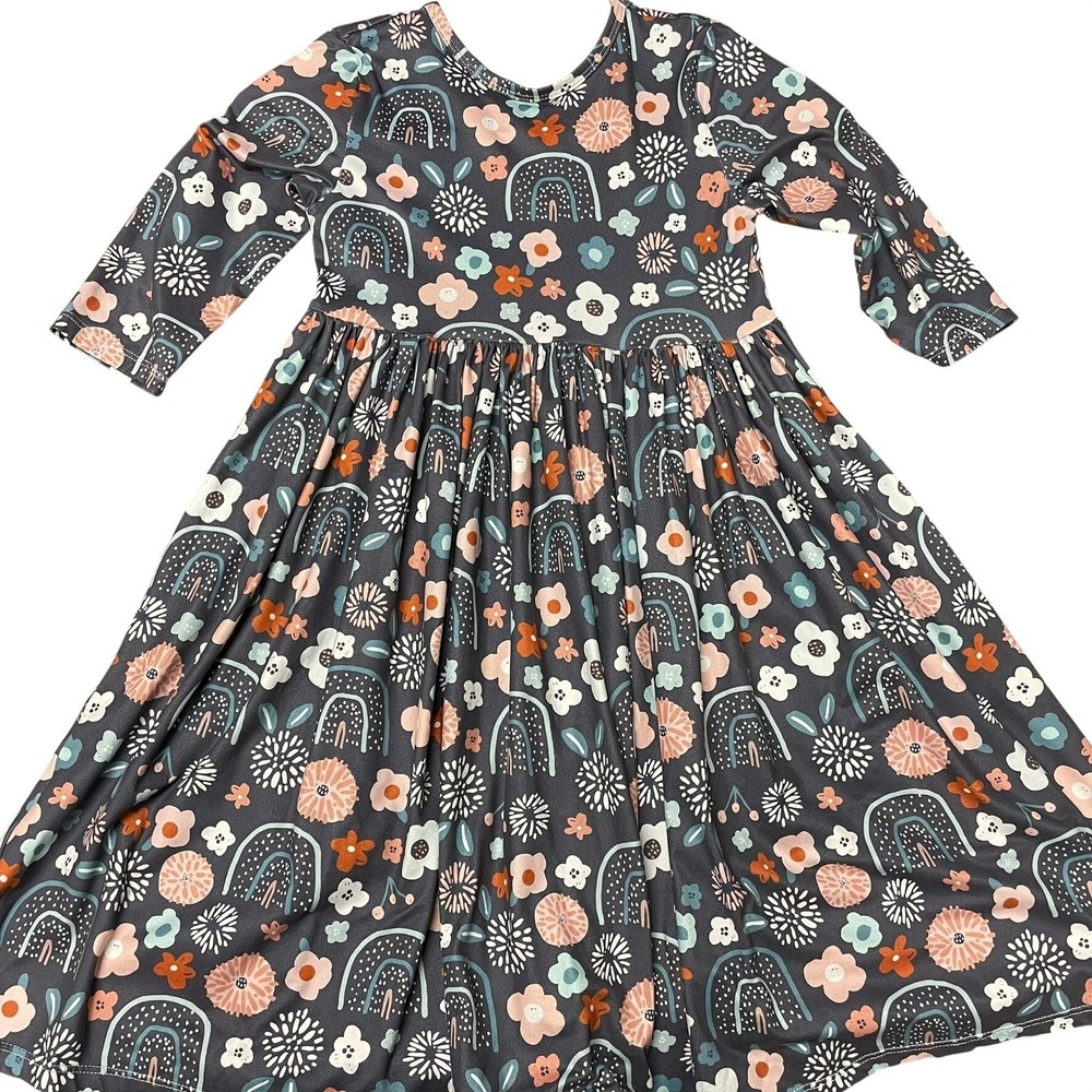 Mila & Rose Twirl Dress Grey Rainbow Floral Bamboo Kids 4T Boho